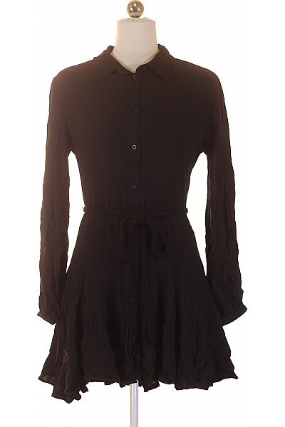 Černé Dámské Košilové šaty Mini S Dlouhým Rukávem A Páskem Boho Velikost 36