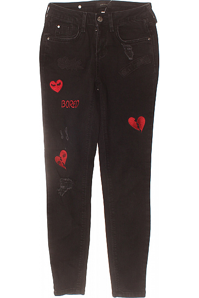 River Island Dámské černé Džíny Skinny S Nášivkami A Dírami Vel. 32