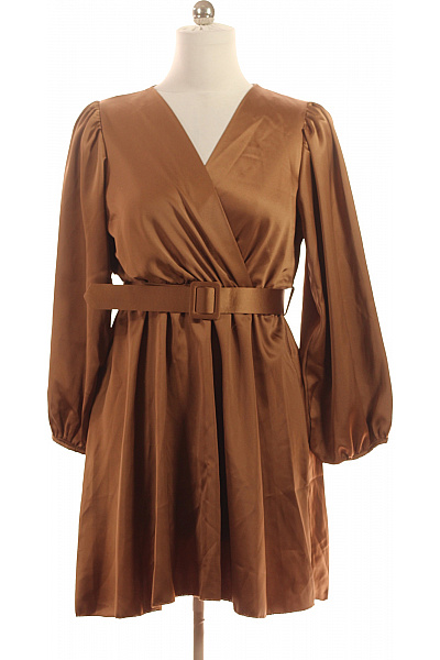 ZAUBERSTERN Dámské šaty Zavinovací Saténové S Páskem Elegantní Hnědé S Dlouhým Rukávem Vel. M