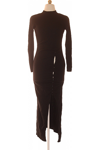 Sandro Dámské černé Pletené šaty S Dlouhým Rukávem A Rozparkem Vel. XS