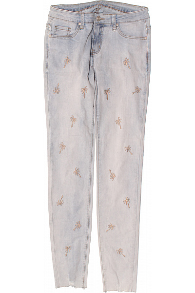 EsQualo Dámské Bavlněné Džíny Světle Modré Skinny Vyšívané Palmy Letní Vel. US 6