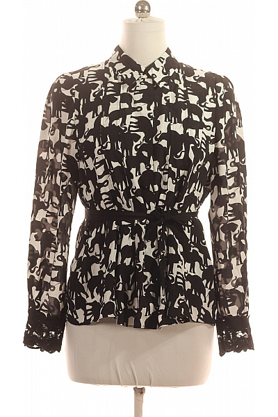 MARCCAIN Dámská Viskózová Košile černobílá Sloni Vzorovaná Elegantní S Páskem S Krajkou Velikost 4