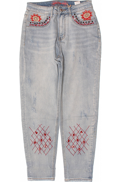 DESIGUAL Dámské Džíny Vyšívané S Kamínky Modré Velikost 28