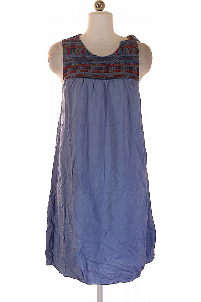 ZAUBERSTERN Modré Viskozové Šaty Letní Boho Tunikové Volné Na Ramínka Krátké Vyšívané Velikost S