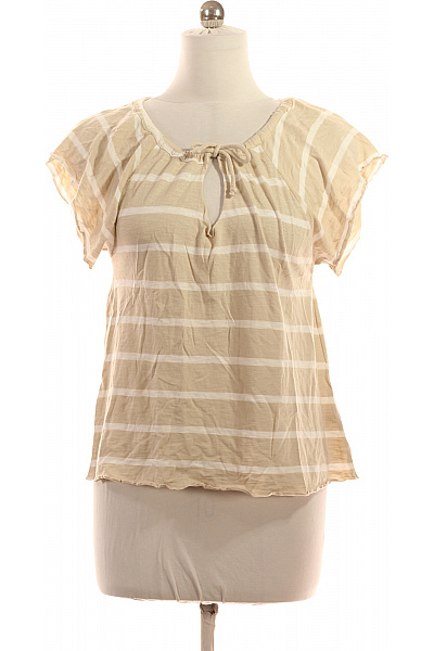 Dámské Bavlněné Modalové Tričko Béžové Pruhované Krátký Rukáv Letní Vel. M