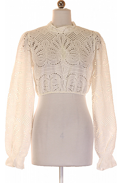 Bílá Bavlněná Halenka S Dlouhým Rukávem A Výstřihem Se Stojáčkem Madeirová Velikost 36