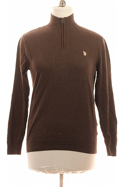 U.S.POLO ASSN. Pánský Bavlněný Hnědý Svetr S Dlouhým Rukávem Na Zip Vel. EU L