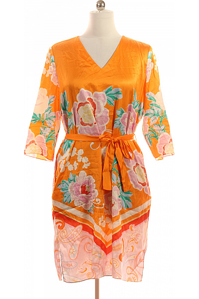 Herzen Sangelegenheit Hedvábné Oranžové Květované Šaty Tunikové Krátké Letní S Páskem Velikost 40