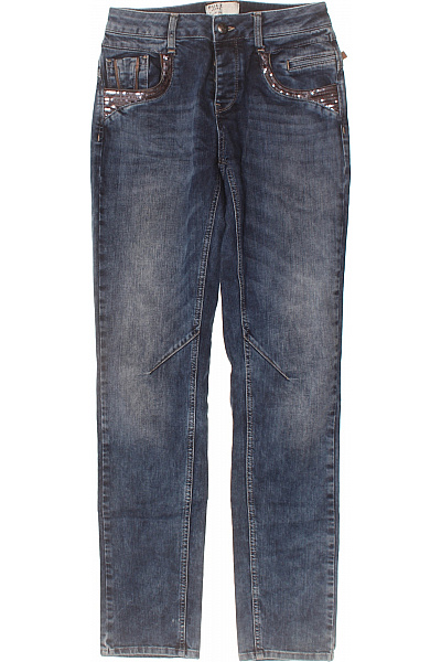 PULZ JEANS Dámské Modré Bavlněné Džíny Seprané Rovné S Kapsami S Kamínky Velikost 29