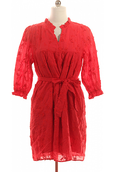 Smashed Lemond Červené Bavlněné šaty Mini S Páskem Volánkový Stojáček Vyšívané Letní Boho Vel. 38