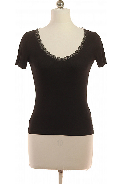 Dámské černé Tričko S Krátkým Rukávem A Krajkou Vel. 38