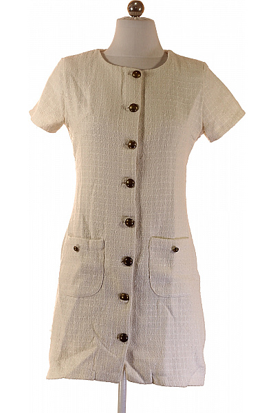 Happiness Dámské šaty Krátký Rukáv Bílé Propínací S Kapsami Vintage Vel. S