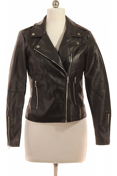 VILA Dámská černá Koženková Bunda Biker Křivák Se Zipem Moderní Velikost M