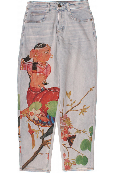 DESIGUAL Dámské Džíny S Potiskem Květin A ženy, Vysoký Pas, Modré, Bavlněné, Vintage Styl Vel. EU 36