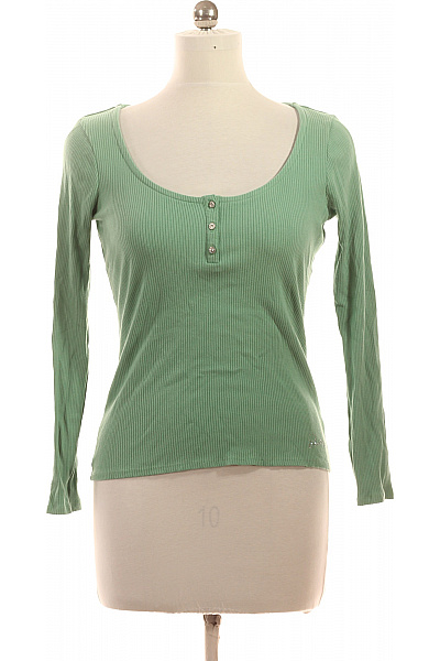 Guess Dámské Tričko S Dlouhým Rukávem Henley Zelené žebrované Basic Velikost L