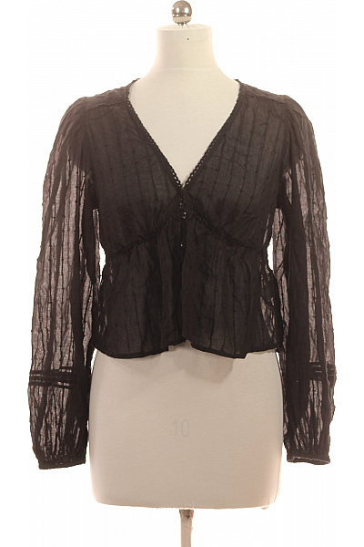 PULL&BEAR Dámská černá Halenka S Dlouhým Rukávem A Výstřihem Do V Boho Bavlněná Průsvitná Velikost M