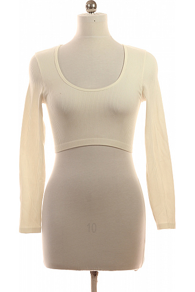 STRADIVARIUS Dámské Tričko S Dlouhým Rukávem Crop Top Bílé žebrované Velikost L