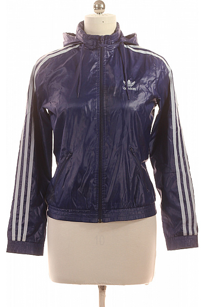 ADIDAS Dámská Modrá Lesklá Větrová Bunda S Kapucí A Pruhy Vel. 42