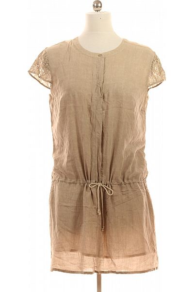 Dámské lněné šaty s krátkým rukávem a páskem béžové Velikost 40 | Unimoda | obrázek 2