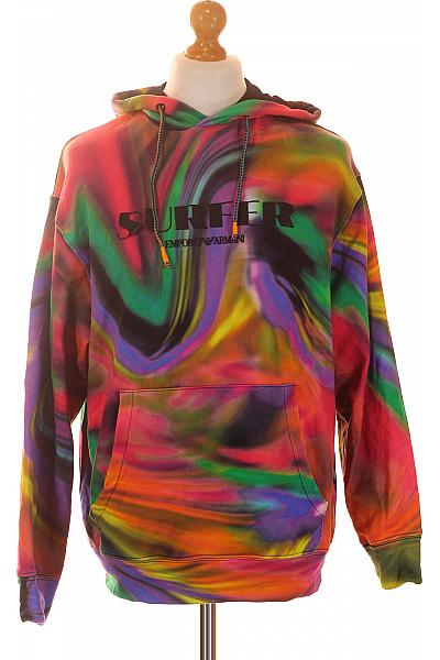 ARMANI Pánská Mikina S Kapucí A Potiskem Přes Hlavu Batikovaná Streetwear Velikost EU M