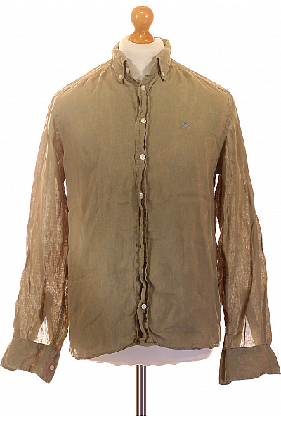 HACKETT Pánská Lněná Košile S Výšivkou Khaki Ležérní Velikost EU M