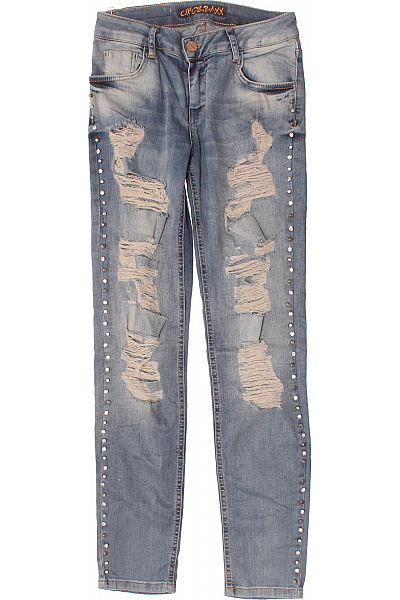 Cipo&Baxx Dámské Džíny Skinny S Kamínky A Dírami Modré Velikost 27/32