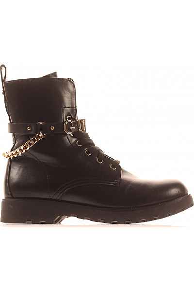 Guess Dámské černé Kožené Kotníkové šněrovací Boty S řetízkem Vel. 39