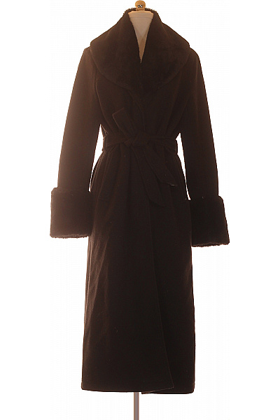 ONLY Černý Elegantní Maxi Kabát S Kožešinovým Límcem A Páskem Vel. S