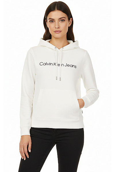 Calvin Klein Dámská Mikina S Kapucí Bez Zapínání Bavlněná Bílá
