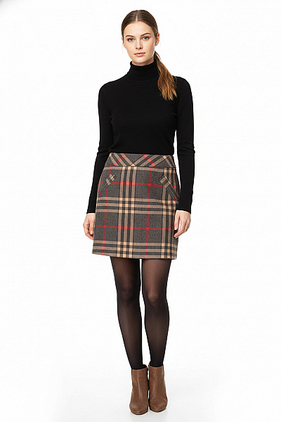 Kostkovaná  Sukně Vlněná Hnědá Second Hand Vel. 38