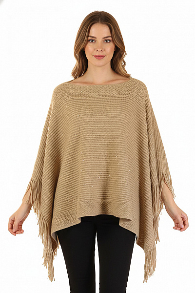 Dámské Béžové Pletené Pončo Flitry Třásně Volné Ležérní Podzim