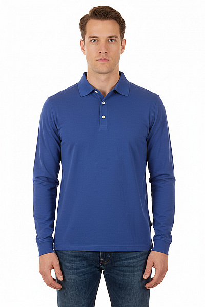 Pánské Tričko S Dlouhým Rukávem A  Límečkem Bavlněné Modré ETON