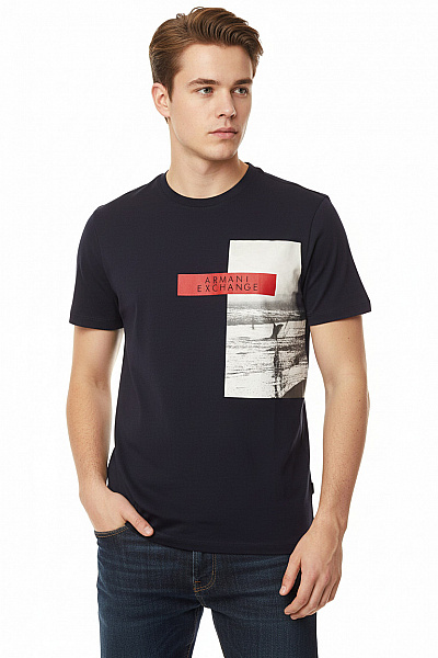 ARMANI Pánské Tričko S Potiskem Modré Second Hand Vel. L