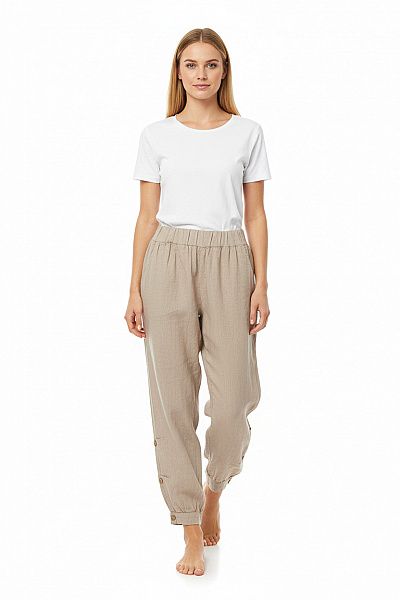 Dámské Kalhoty Letní Lněné Béžové Outlet Vel. 50/52