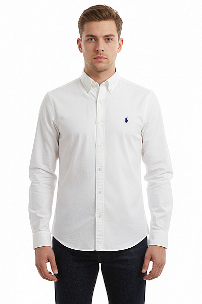POLO CLUB Royal Berkshire Bílá Pánská Košile S Dlouhým Rukávem Elegantní Vypasovaná S Výšivkou Vel. L
