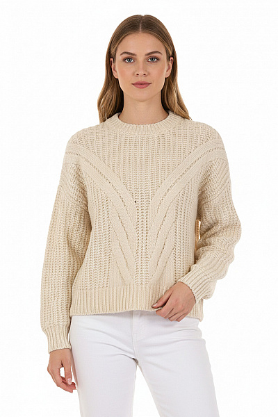 MAVI Dámský Krémový Acrylový Hrubě Pletený Pulovr Copánkový Vzor Podzimní Vel. M