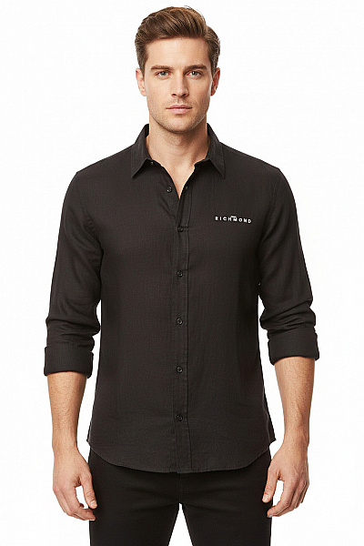 Pánská Košile Jednobarevná Lněná Černá Richmond Vel. 54