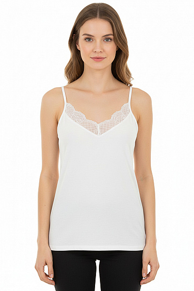 Dámské Bílé Tílko Basic špagetová Ramínka Krajka V-výstřih Vel. S