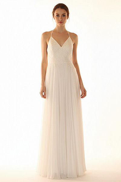 Laona Dlouhé šaty Na Ramínka Bílé Krajkové Plisované Společenské Velikost 38