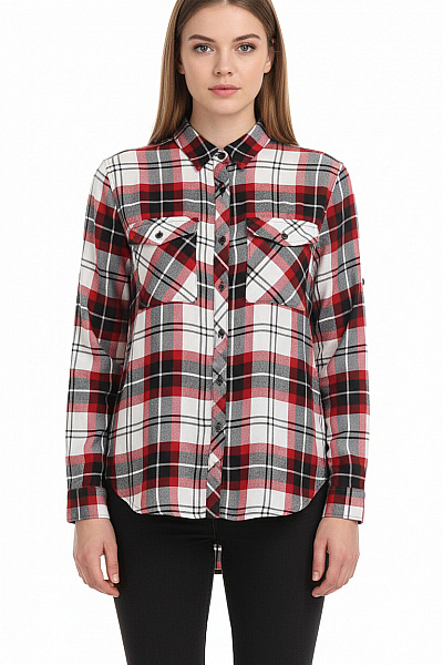 MANGO Dámská červeno Bílá Kostkovaná Flanelová Košile Dlouhý Rukáv Volná Ležérní Velikost S