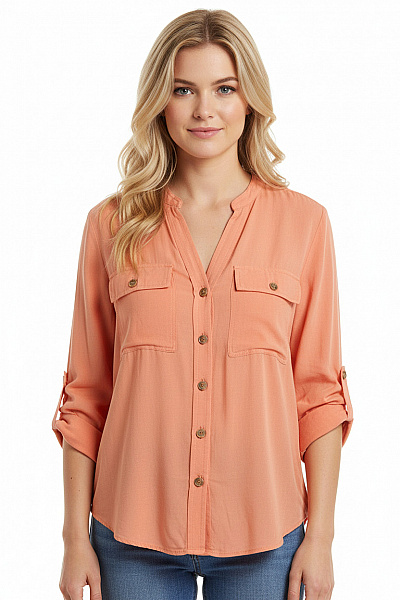 MANGO Oranžová Dámská Košile S Dlouhým Rukávem Ležérní Bez Límečku Velikost S