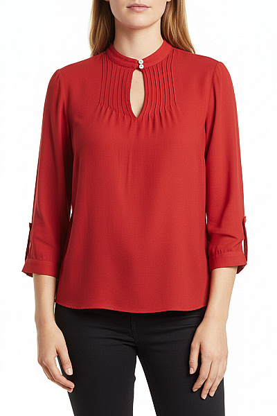 DRYKORN Viskózová červená Halenka Elegantní Se Stojáčkem Plisovaná Volná Velikost 40