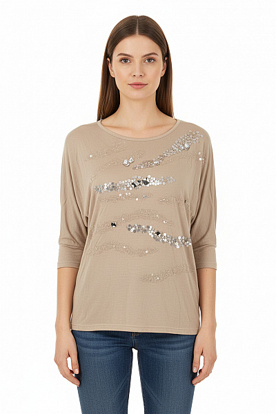 Monnari Béžová Halenka S Flitry A Kamínky Volný Střih 3/4 Rukáv Vel. M