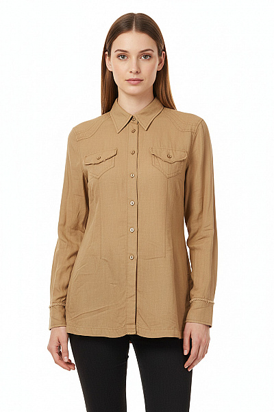 TUZZI Dámská Lněná Viskózová Košile Hnědá Westernová Ležérní Vypasovaná Velikost 38