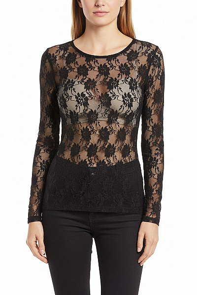VILA Dámská černá Krajková Halenka S Dlouhým Rukávem Květinová Průsvitná Vel. M