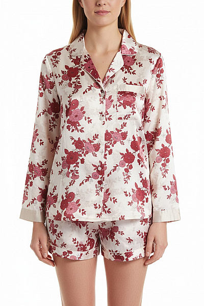 INDIGO Dámské Polyesterové Pyžamo Krémové S Bordó Květy Dlouhý Rukáv Vel. EU 38