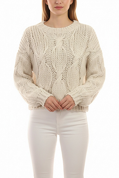 Hollister Dámský Hrubě Pletený Crop Pulovr S Copánkovým Vzorem Bílý Vel. S