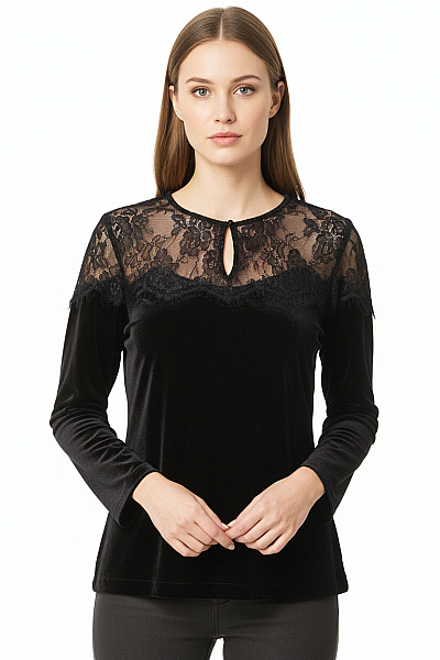 HALLHUBER Černá Sametová Halenka S Krajkou Dlouhý Rukáv Společenská Vel. 38