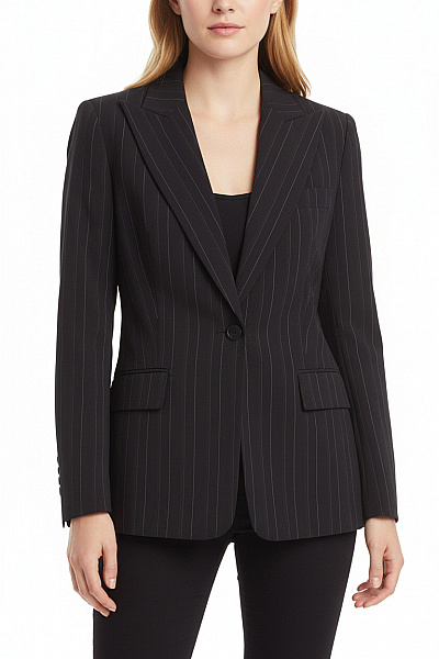 ZARA Dámské Polyesterové černé Svisle Pruhované Vypasované Společenské Sako Elegantní Velikost EU 42