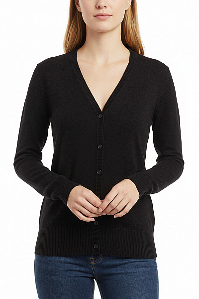 Janina Dámský černý Basic žebrovaný Kardigan S Výstřihem Do V Na Knoflíky Vel. 42